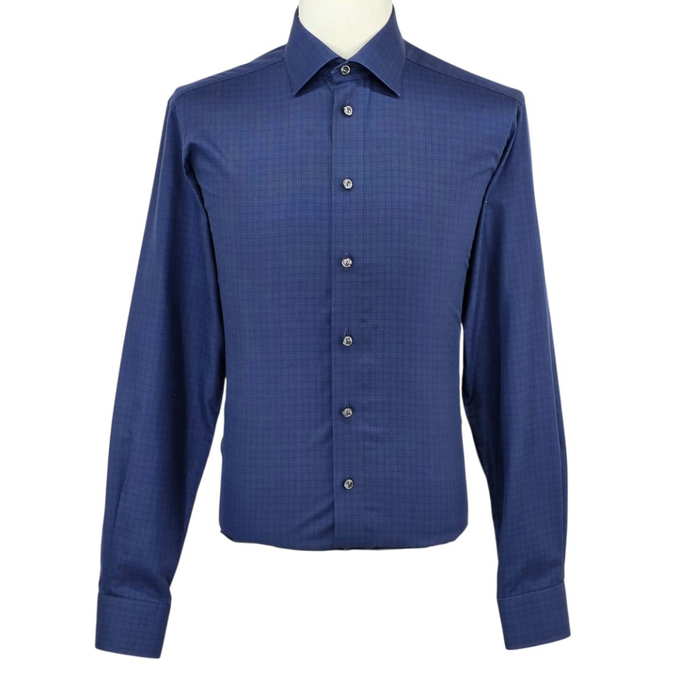 Quiet Luxury Eton Contemporary Dress Shirt Mens 42 Blue Plaid Cotton